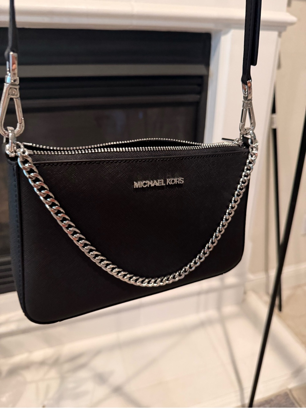 Michael Kors Black Saffiano Leather Belt Bag with Silver Chain